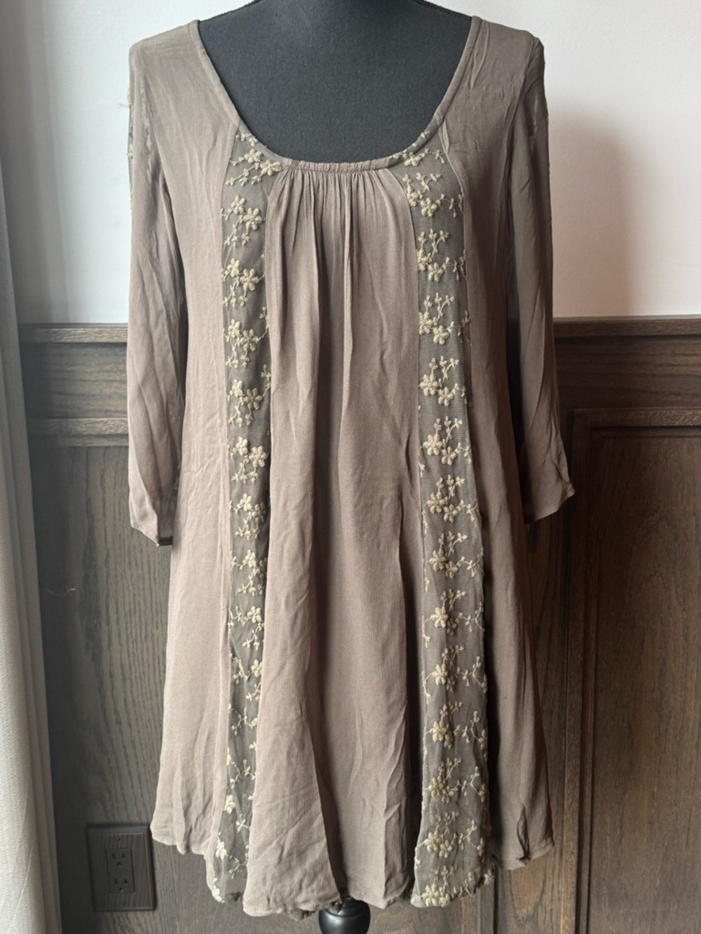 World Market Olive green boho hippie lace embroidery dress S/M